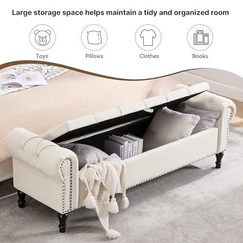 67-Inch Upholstered Storage Bench with Rolled Arms and Button Tufting