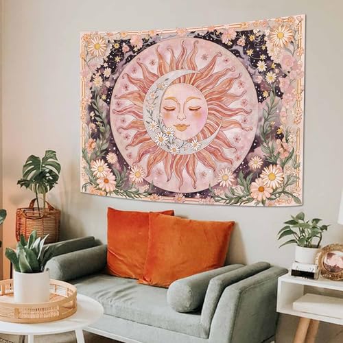 Sun Moon Daisy Wall Tapestry - Pink Boho Floral Aesthetic Decor (36x48 In)