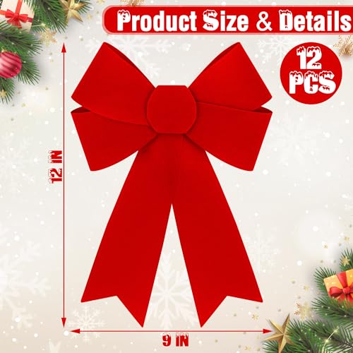 12ct Large 9x12 in Red Christmas Bows with Gold Wire - Indoor/Outdoor PVC Velvet Gift Decor