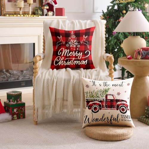 YOSICHY Set of 4 Buffalo Plaid Christmas Pillow Covers 16x16 Inches - Farmhouse Holiday Decor