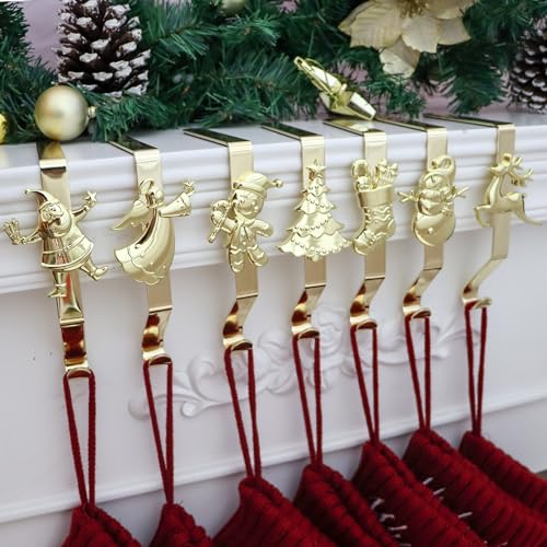 Gold Christmas Stocking Hooks - Set of 7, Reusable Mantle Hangers by XENTUMI (Gold/7)
