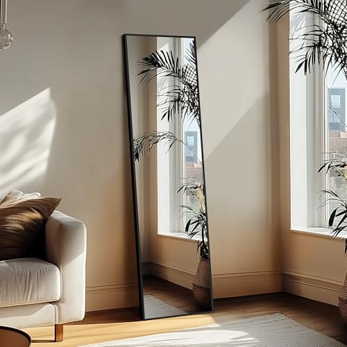 Full Length Floor Mirror with Stand - 56x15 Inch Black Aluminum Frame