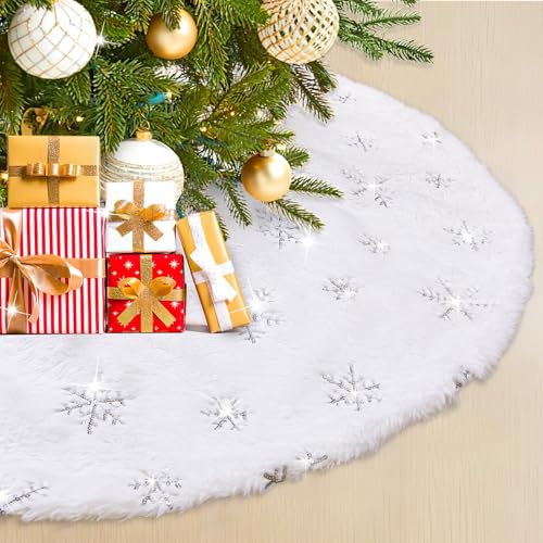 24-Inch White Faux Fur Mini Christmas Tree Skirt with Silver Snowflakes