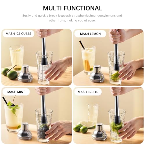 Eispap 2Pcs Silver 8 Inch Stainless Steel Cocktail Muddler & Mixing Spoon Set