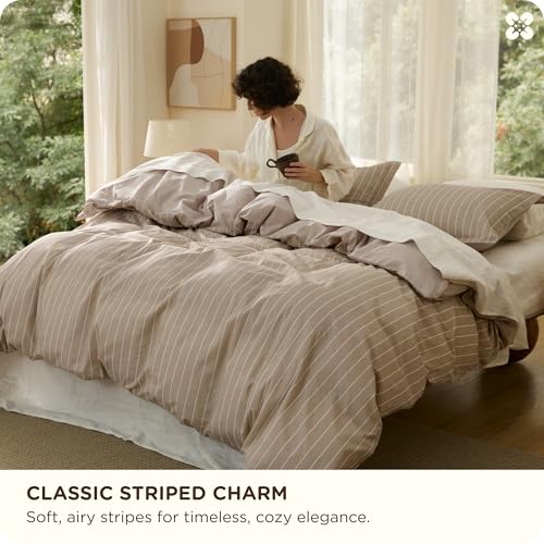 100% Washed Cotton Striped Queen Duvet Cover Set - 3 Pieces, Tan/White
