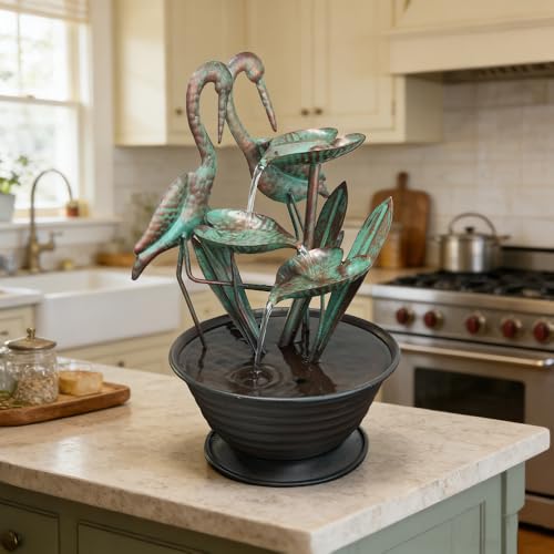 3-Tier Metal Crane Tabletop Water Fountain - Zen Indoor Waterfall Decor