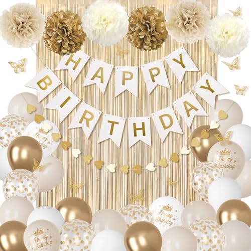 White and Gold Birthday Decorations Kit with Butterfly Stickers and Banner
