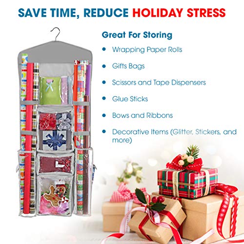 Hanging Double-Sided Gift Wrapping Paper Organizer with Pockets Grey