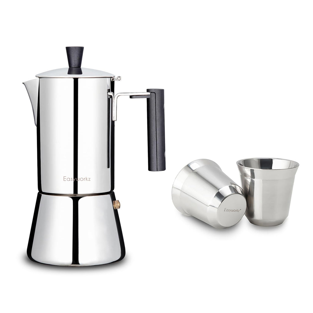 Easyworkz Pedro Stovetop Espresso Maker 6Cup 300ml, Bundled Stainless Steel Espresso Cup 2pcs Set Double Wall Insulated Metal Demitasse Cups 2.5 oz