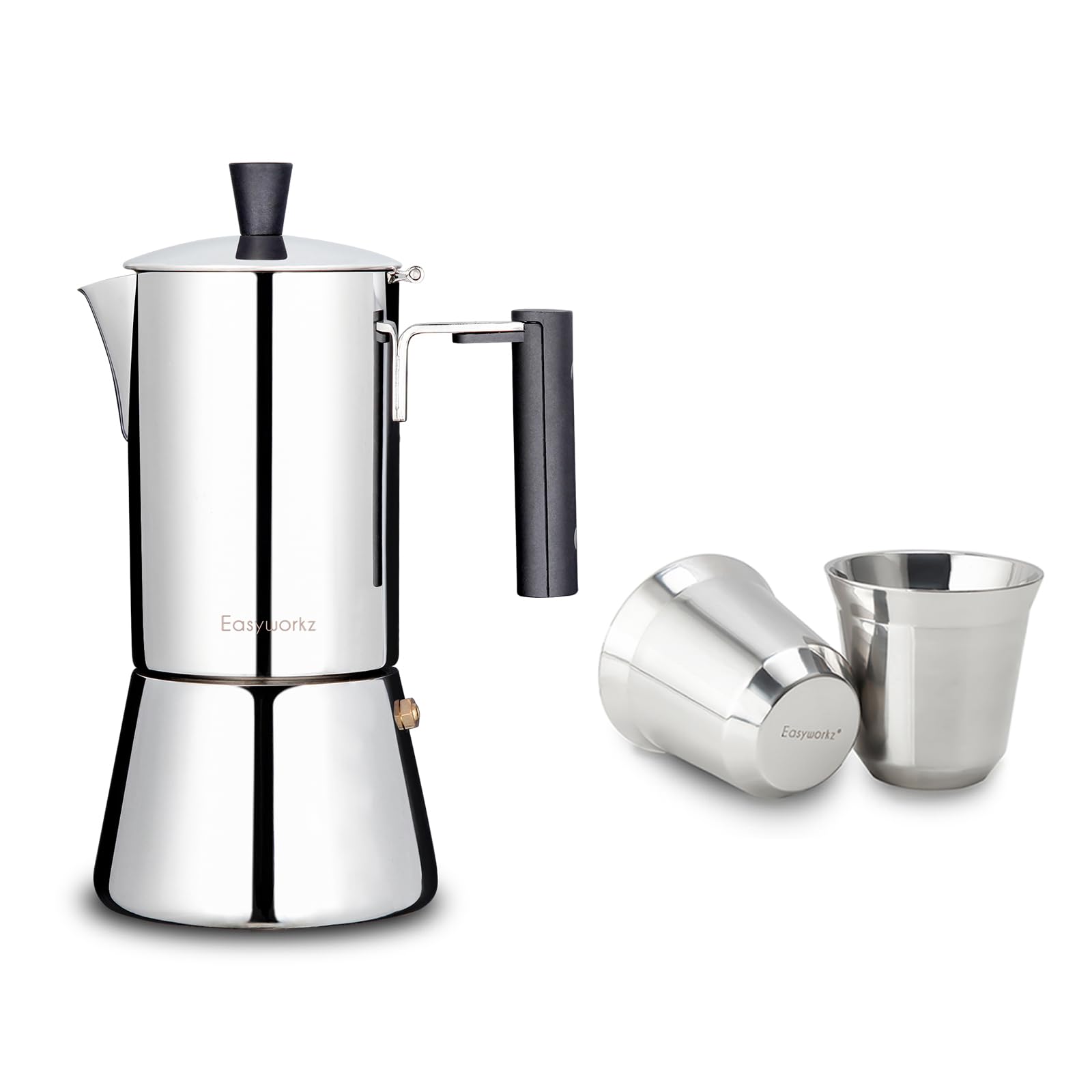 Easyworkz Pedro Stovetop Espresso Maker 6Cup 300ml, Bundled Stainless Steel Espresso Cup 2pcs Set Double Wall Insulated Metal Demitasse Cups 2.5 oz