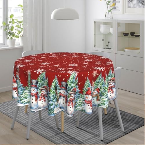 Geoocii Christmas Snowman Tablecloth 60-Inch Round Red Holiday Decor