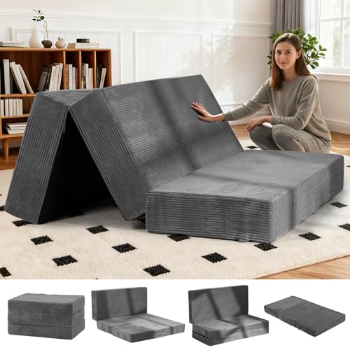 Grey AOLVDOW 6-Inch Tri-Fold Portable Foldable Mattress Queen Size for Camping & Guest Use