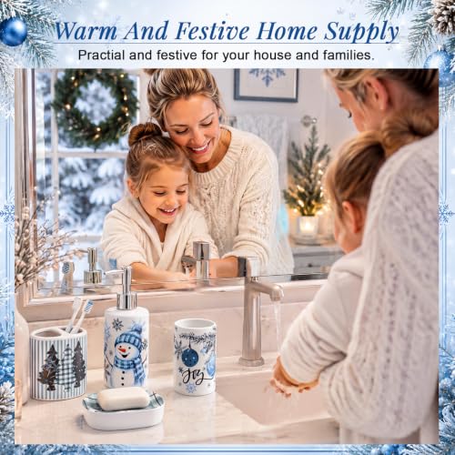 Blue Snowman Bathroom Accessories Set - Ceramic 4-Piece Christmas Decor