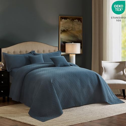 Blythease Oversized King Bedspread Set 128x120 - 5-Piece Navy Quilted Coverlet