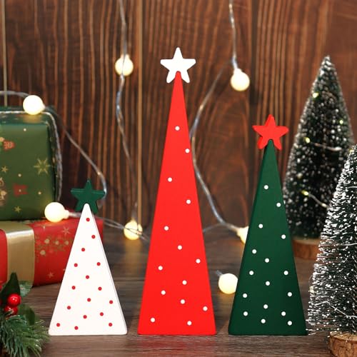KINYFY 3-Pc Wooden Christmas Trees – Mini Tiered Tabletop Decor, Double-Sided Centerpieces (Xmas Tree) Set