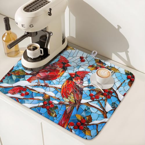 Christmas Bird Dish Drying Mat 24x18 Blue Glass | Roverantic Microfiber