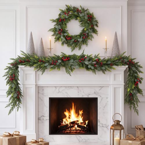 2Pcs 6Ft Real Touch Norfolk Pine Garland with Red Berries – Winter Holiday Decor