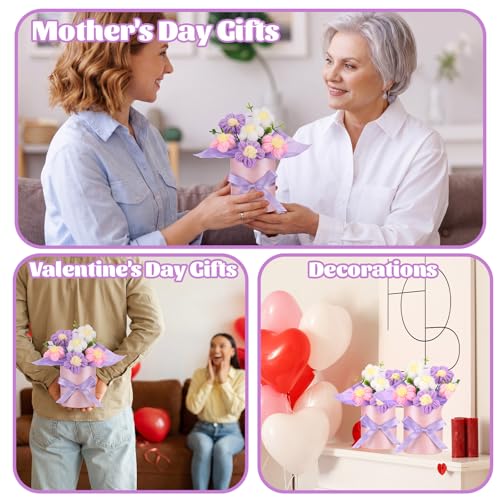 Willinglong 6-Piece Pastel Crochet Flower Bouquet Gift Set - Handmade Artificial Flowers with Gift Bags