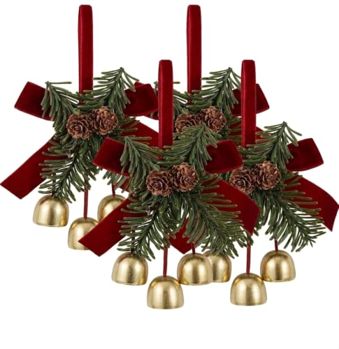Tikneyoli 4-Piece Red Velvet Christmas Bells Decor with Jingle Bells - Door/Hanging Ornaments