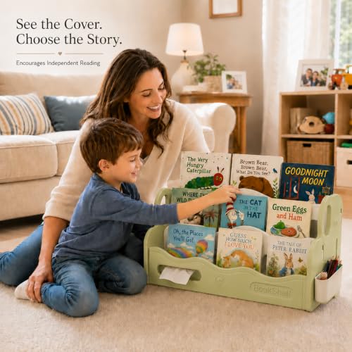 JOOMLAFLY Green Kids Bookshelf for Toddler - Front Facing Montessori Book Organizer, 3-Tier, BPA-Free HDPE, Tool-Free Assembly