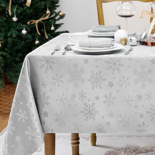 Romanstile Silver Christmas Jacquard Rectangle Tablecloth 60x84in Snowflake Decor