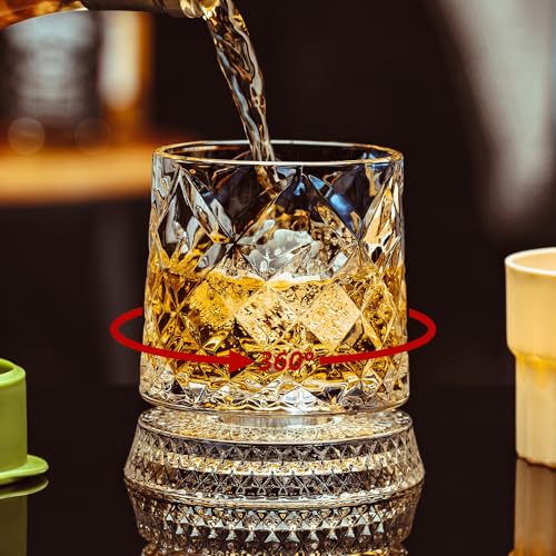 Spinning Whiskey Glass Set of 4 with Rotating Bases and Ice Ball Molds