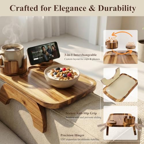 Acacia Wood Couch Armrest Tray with Rotating Phone & Cup Holder
