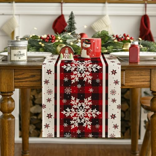 Niviy Snowflakes Christmas Table Runner 13x108 Inches with Buffalo Plaid - Holiday Kitchen Decor