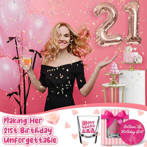 LOVEVOYAGE Pink 21st Birthday Shot Glass - In My Legal Era Gift for Daughter, Sister, Friend, 2oz, Gift Box Included