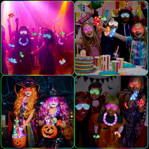 Oleitodh 76 Pcs Glow Light Up Pop Tubes & LED Glasses Party Favors - Shutter LED Glasses & Pop Tube Set