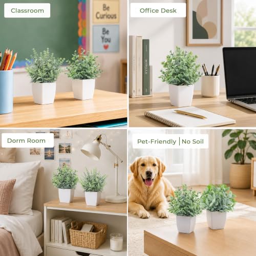 Set of 4 Mini Artificial Potted Plants - 7" Fake Eucalyptus for Desk & Shelf