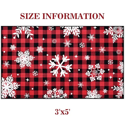 FRAMICS Christmas Area Rug 3x5 ft Red Snowflake Buffalo Plaid Non Slip Washable for Living Room, Bedroom, Kitchen