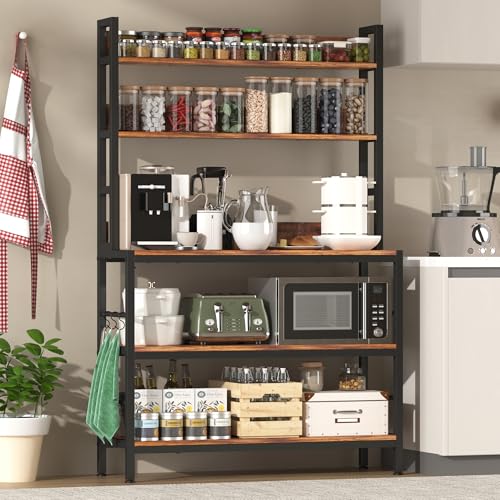 5-Tier Industrial Bakers Rack with Storage Shelves and Hooks