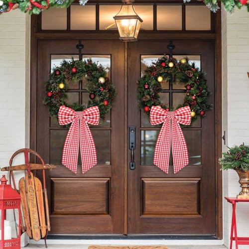 2 Pack Wreath Sash for Front Door White and Red Plaid Polyester