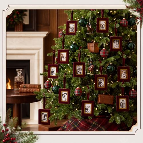 Qunclay Burgundy Velvet Christmas Picture Frame Ornaments Set, 12 pcs