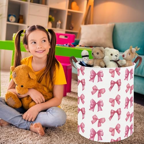 Pink Bow Laundry Basket - Collapsible Waterproof Canvas Nursery Hamper