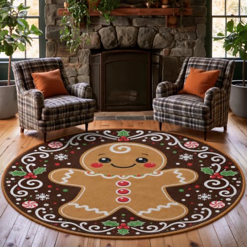 HOMETITUTE 4 ft Round Christmas Gingerbread Rug - Dark Brown, Non-Slip, Washable, 1-Piece Rug