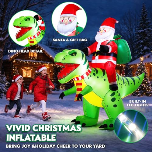 Candieslife Santa & Dinosaur Inflatable - 8ft Christmas Yard Decor with LED Lights