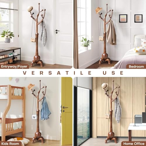 Solid Wood Freestanding Coat Rack, 8-Hook Tree Branch Design, Walnut Brown
