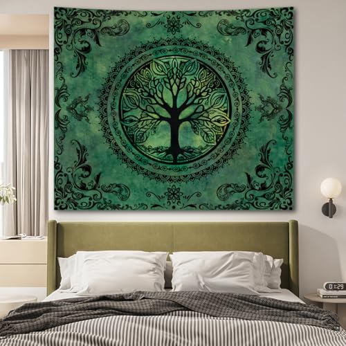 Tree of Life Wall Tapestry - Green Boho Mandala Hanging Decor (51" x 60")