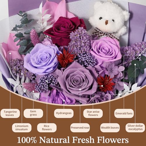 Preserved Purple Rose Bouquet with Bear in Gift Box - Eternal Floral Gift