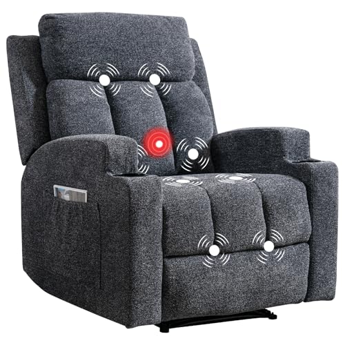 Manual Recliner Chair with Massage and Heat, Dark Grey Fabric Sofa