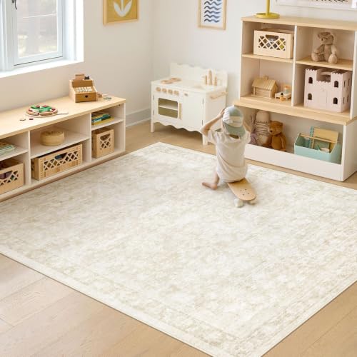 5x7 Washable Area Rug, Vintage Floral Non-Slip Boho Carpet for Living Room
