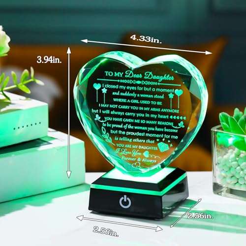 Daughter Heart Crystal Gift with Colorful LED Base - Birthday Christmas Gift from Mom Dad