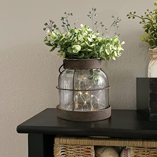 Vintage Glass Farmhouse Vase Lantern with Artificial Plants & Lights