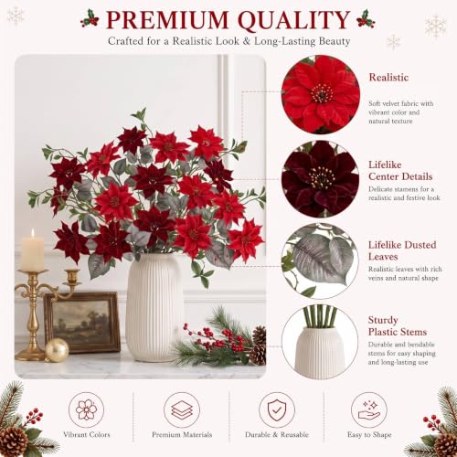 19-Piece 26in Christmas Poinsettia Flowers with Greenery Branches