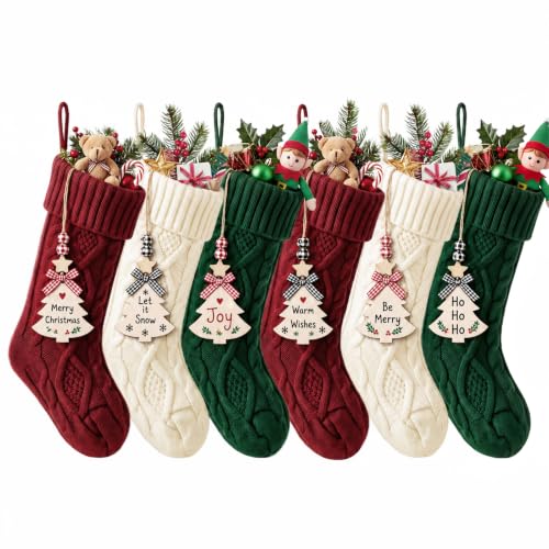 18-Inch Personalized Christmas Stockings 6-Pack with Name Tags - Red/Green/White Knit