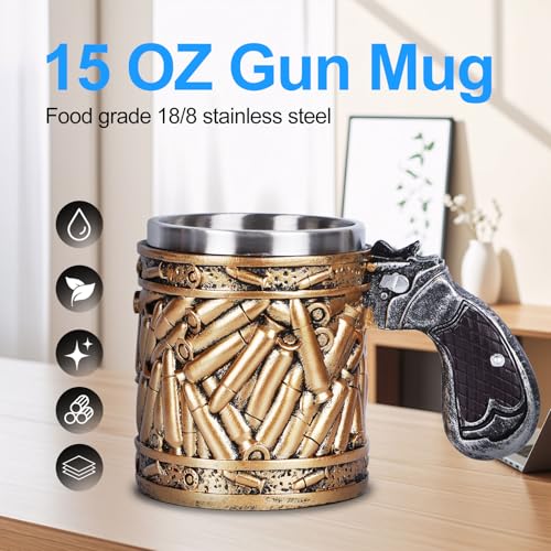 15oz Stainless Steel Gun Mug with Pistol Grip Handle and Bullet Design
