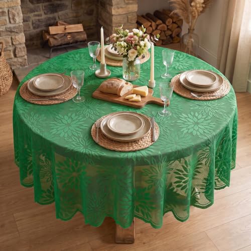 Horaldaily Christmas Green Lace Dahlia Tablecloth 60x60 Round - 60" Round, Dark Green