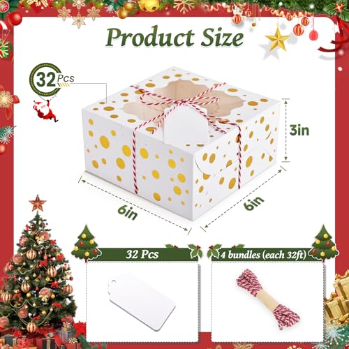 DOYIDE 32Pcs 6x6x3 Inch Christmas Cookie Boxes with Window White Gold - 32 Pack